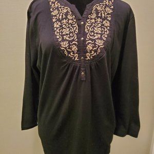 Black & Tan Embroidered  Peasant Top